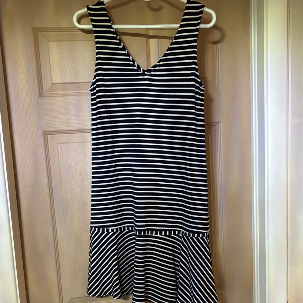 Sleeveless Black & White Striped V-Neck Midi Dress